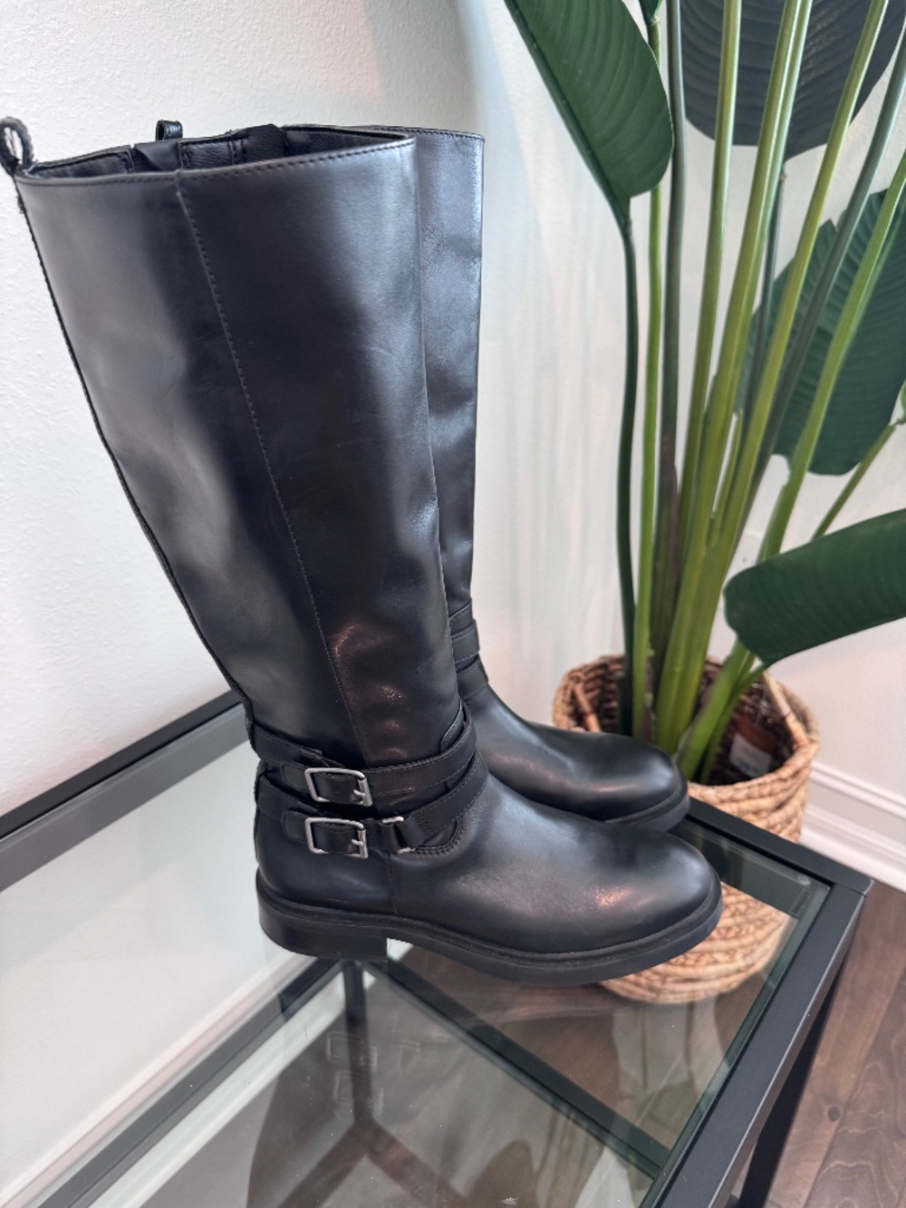 SAM EDELMAN Women’s Freda Black Tall Leather Boots w/Ankle Buckle Straps 9.5